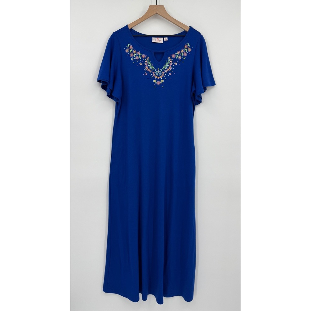 Quacker Factory Dress Womens Large Blue Floral Embroidered Flutter Sleeve Maxi